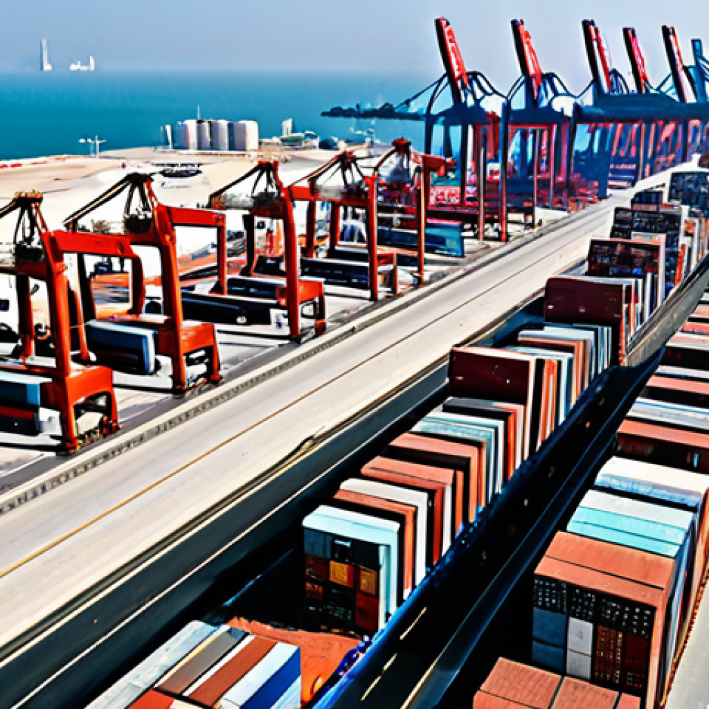 **Image Prompt 1: Modern Infrastructure and Strategic Growth**
    A dynamic, wide-angle shot of Khalifa Bin Salman Port in Bahrain, bustling with activity under a vibrant, clear sky. The image prominently features colossal, state-of-the-art container cranes efficiently loading and unloading massive container ships, signifying significant investment in modern infrastructure. The port appears vast and meticulously organized, emphasizing a seamless flow of goods and advanced engineering. The scene should convey a sense of a highly efficient, strategic logistics hub that is rapidly expanding to accommodate global trade volumes.