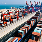 **Image Prompt 1: Modern Infrastructure and Strategic Growth**
    A dynamic, wide-angle shot of Khalifa Bin Salman Port in Bahrain, bustling with activity under a vibrant, clear sky. The image prominently features colossal, state-of-the-art container cranes efficiently loading and unloading massive container ships, signifying significant investment in modern infrastructure. The port appears vast and meticulously organized, emphasizing a seamless flow of goods and advanced engineering. The scene should convey a sense of a highly efficient, strategic logistics hub that is rapidly expanding to accommodate global trade volumes.