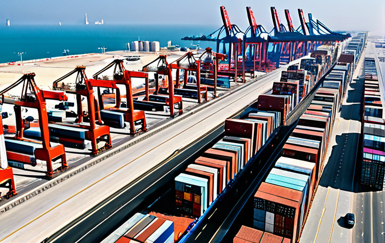 **Image Prompt 1: Modern Infrastructure and Strategic Growth**
A dynamic, wide-angle shot of Khalifa Bin Salman Port in Bahrain, bustling with activity under a vibrant, clear sky. The image prominently features colossal, state-of-the-art container cranes efficiently loading and unloading massive container ships, signifying significant investment in modern infrastructure. The port appears vast and meticulously organized, emphasizing a seamless flow of goods and advanced engineering. The scene should convey a sense of a highly efficient, strategic logistics hub that is rapidly expanding to accommodate global trade volumes.