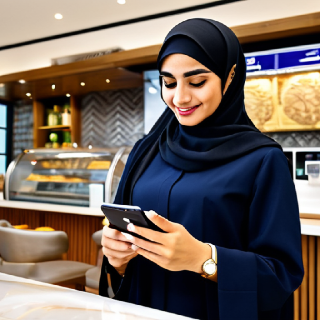 Digital Banking Transformation in Manama**

"A modern Bahraini woman, fully clothed in professional modest attire, using a mobile banking app in a stylish cafe in Manama, Bahrain. Background features subtle Bahraini cultural elements. Safe for work, appropriate content, perfect anatomy, correct proportions, well-formed hands, natural pose, digital illustration, high quality."

**