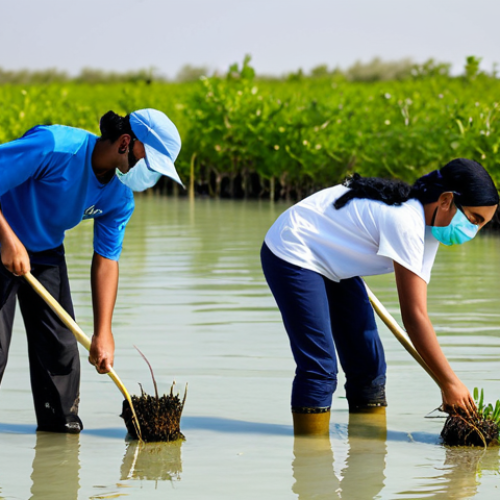 Mangrove Restoration**

"A group of volunteers, fully clothed in modest attire, planting young mangrove saplings in a coastal area of Bahrain. The scene includes calm, clear water, native birds, and a bright, sunny sky. Focus on the positive environmental impact. Safe for work, appropriate content, family-friendly, perfect anatomy, natural pose, professional photography, high quality."

**