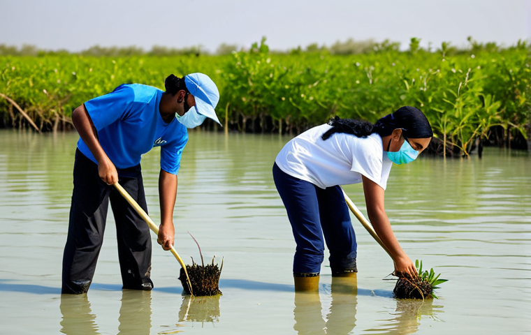 Mangrove Restoration**

"A group of volunteers, fully clothed in modest attire, planting young mangrove saplings in a coastal area of Bahrain. The scene includes calm, clear water, native birds, and a bright, sunny sky. Focus on the positive environmental impact. Safe for work, appropriate content, family-friendly, perfect anatomy, natural pose, professional photography, high quality."

**