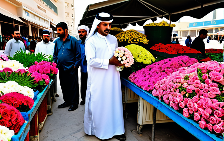 바레인의 독특한 꽃 시장 - **

"A bustling flower market in Bahrain, vibrant colors, roses and jasmine, fully clothed vendors a...