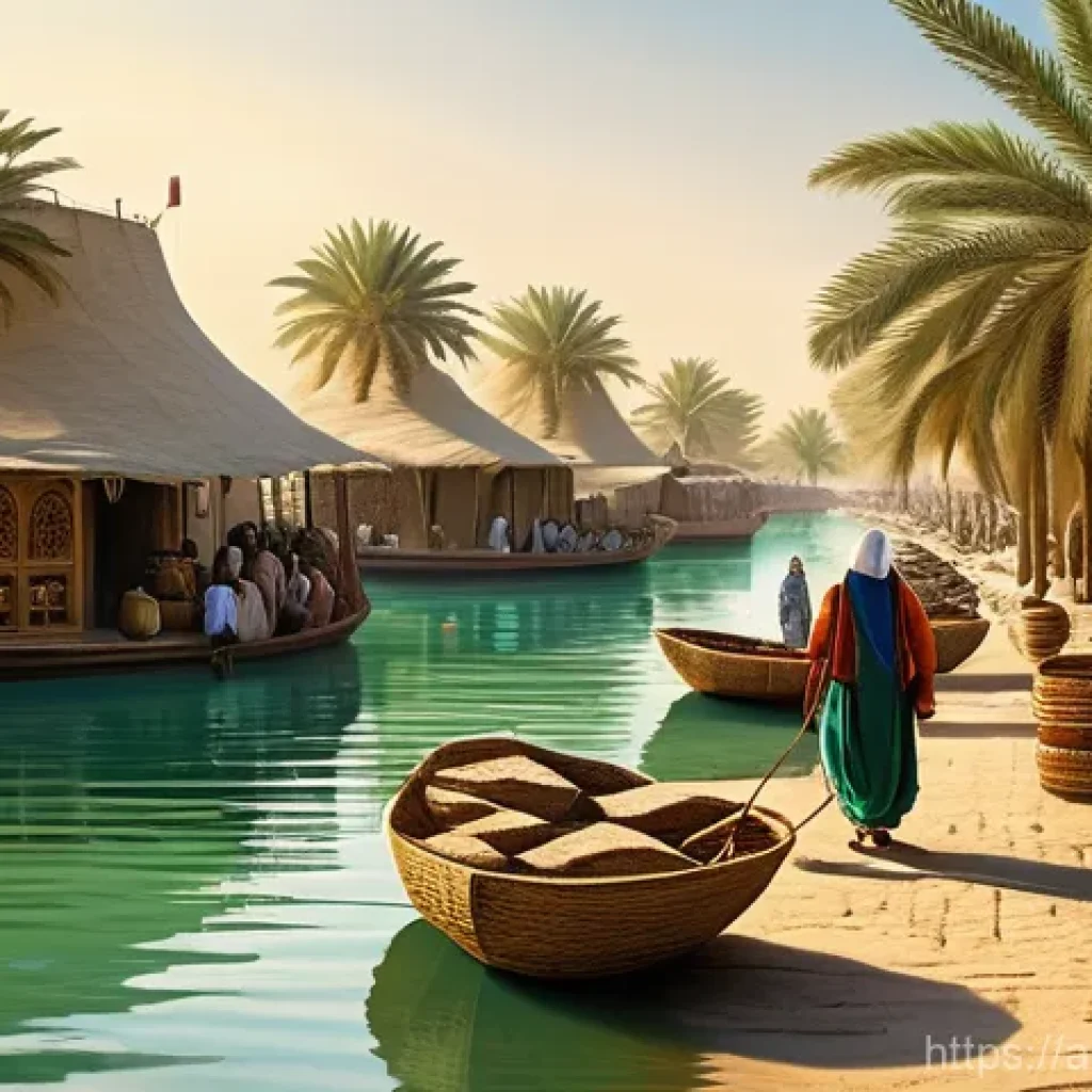 바레인 전쟁 역사 - **Ancient Dilmun: The Green Oasis and Trade Hub**
    A highly detailed, vibrant illustration depict...