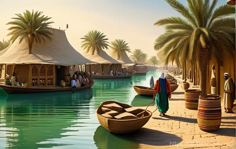 바레인 전쟁 역사 - **Ancient Dilmun: The Green Oasis and Trade Hub**
A highly detailed, vibrant illustration depict...