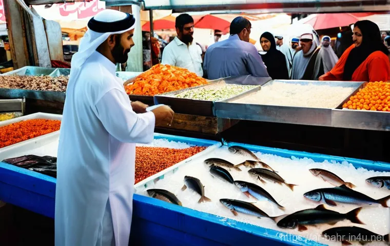 바레인의 해산물 시장 - **Prompt 1: "The Heart of the Bahraini Fish Market"**
A vibrant, bustling scene inside a traditi...