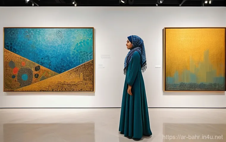 바레인의 예술 시장 - **Prompt:** "A vibrant and inviting scene inside a modern art gallery in Manama, Bahrain. Large, exp...