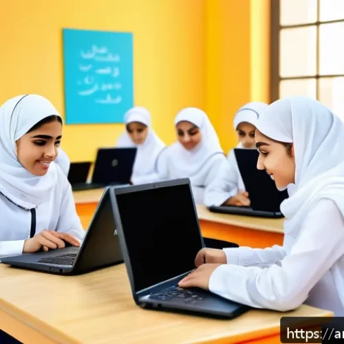 Home 33 바레인 여성의 사회적 지위 - A vibrant modern classroom scene in Bahrain featuring a diverse group of teenage girls wearing modes...