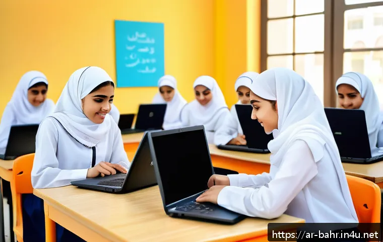 바레인 여성의 사회적 지위 - A vibrant modern classroom scene in Bahrain featuring a diverse group of teenage girls wearing modes...