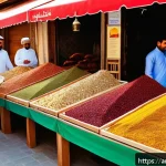 Home 19 바레인에서 먹거리 투어 - A bustling traditional Bahraini souq scene in Manama at early morning, vibrant market stalls filled ...