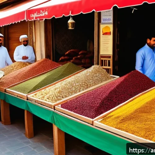 Home 31 바레인에서 먹거리 투어 - A bustling traditional Bahraini souq scene in Manama at early morning, vibrant market stalls filled ...
