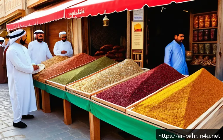 바레인에서 먹거리 투어 - A bustling traditional Bahraini souq scene in Manama at early morning, vibrant market stalls filled ...