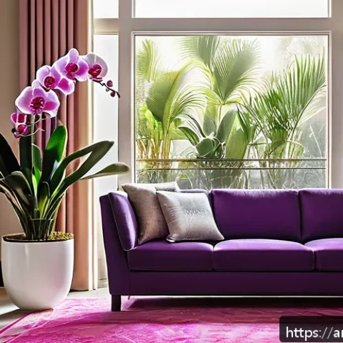 Home 30 바레인의 나무 시장 - A bright, modern Bahraini living room featuring a large tropical orchid plant with vibrant pink and ...