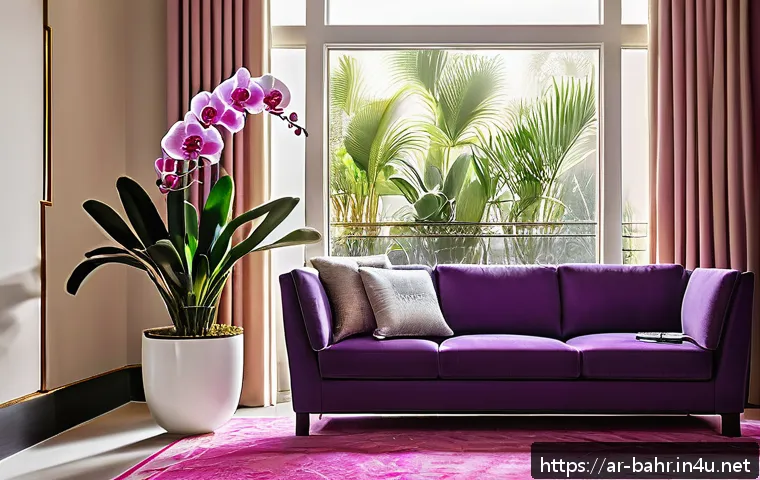 바레인의 나무 시장 - A bright, modern Bahraini living room featuring a large tropical orchid plant with vibrant pink and ...