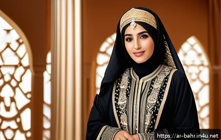 바레인 전통 의상 - A traditional Bahraini woman wearing a beautifully embroidered abaya with intricate hand-stitched go...