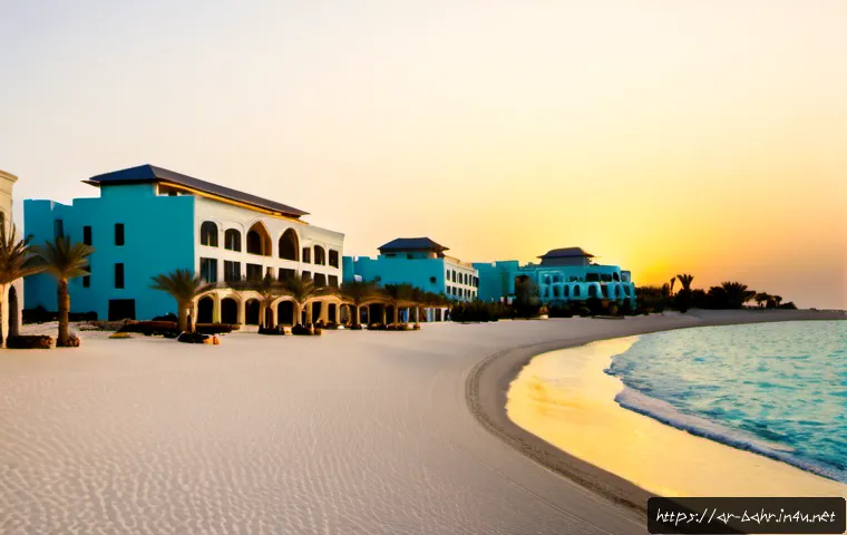 Home 17 바레인의 주요 리조트 - Photorealistic luxury beachfront resort in Bahrain, wide-angle view from a quiet sandy shore toward ...