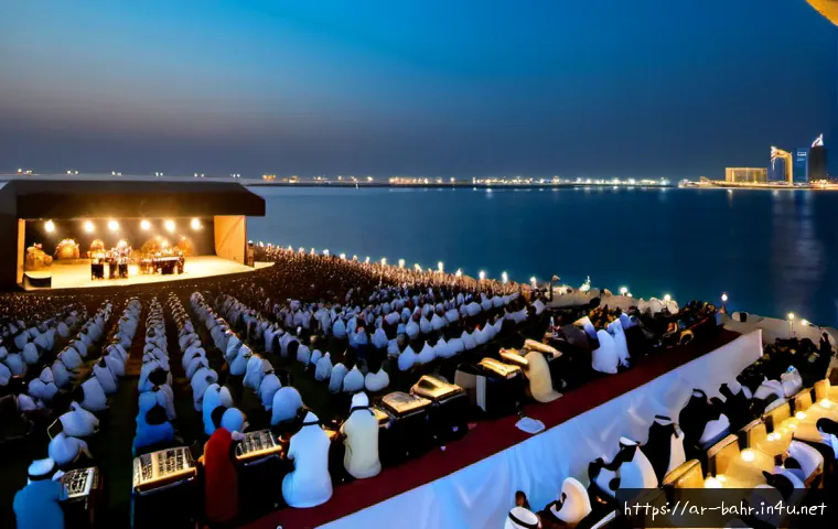 바레인의 음악 축제 - Photorealistic evening music festival in Bahrain, wide view of an outdoor waterfront stage beside th...