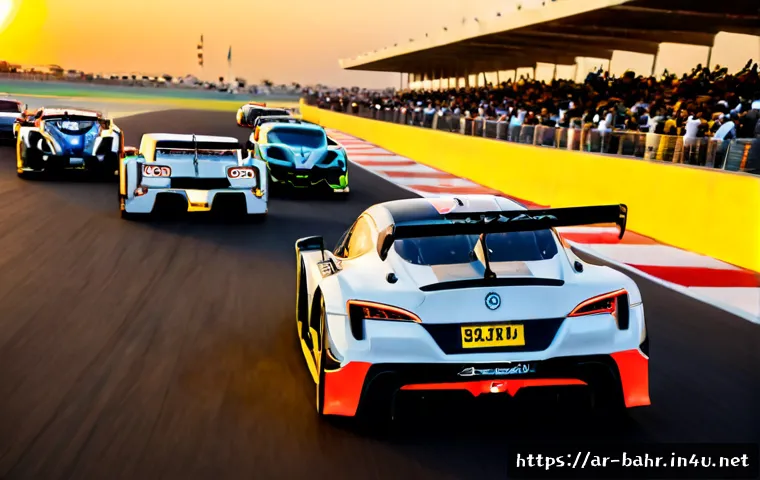 바레인의 국제 스포츠 이벤트 - Photorealistic international motorsport event in Bahrain at sunset, sleek race cars speeding along a...